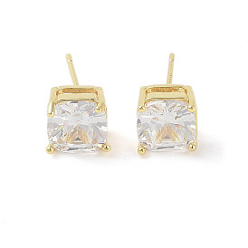 Square Brass Stud Earrings with Clear Glass for Women