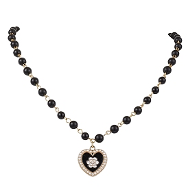 Heart Alloy Enamel Pendant Necklaces, Natural Obsidian Round Beaded Handmade Chain Necklaces