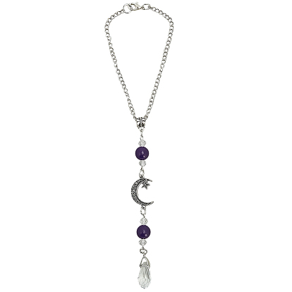 Подвесные украшения из натурального камня и сплава, со стеклянной подвеской в форме капли для автомобильных украшений, круглый, луна и звезда