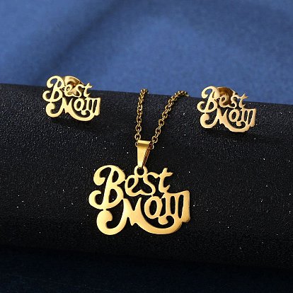 Word Best Mom Mother's Day Jewelry Set, Stainless Steel Pendant Necklace and Stud Earrings