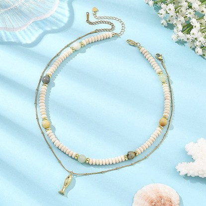 Colliers à double rang de perles en laiton, en jade beurre naturel et en bois pétrifié, ornés d'un pendentif en forme de poisson., avec 304 chaînes satellites en acier inoxydable