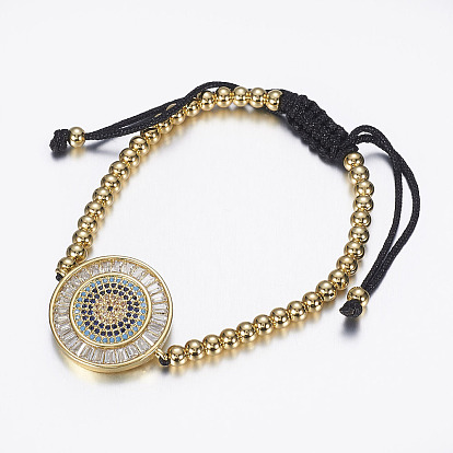 Регулируемые латунные плетеные браслеты из бисера, С нейлоновым шнуром и микропроводами с кубическим цирконием, без кадмия и без свинца, плоско-круглые