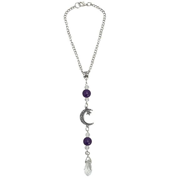 Подвесные украшения из натурального камня и сплава, со стеклянной подвеской в форме капли для автомобильных украшений, круглый, луна и звезда