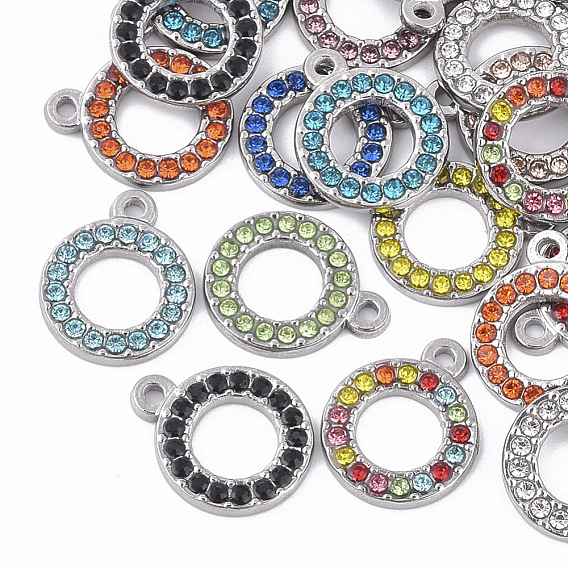 304 Stainless Steel Pendants, with Rhinestone, Round Ring