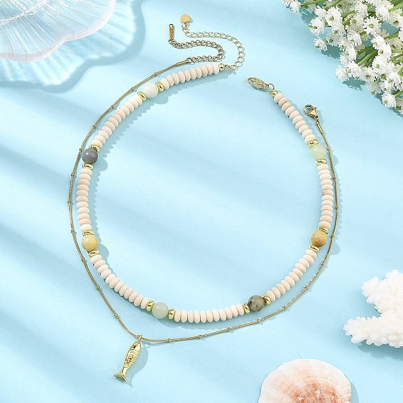 Brass Fish Pendant Natural Butter Jade and Petrified Wood Beaded Double Layer Necklaces, with 304 Stainless Steel Satellite Chains
