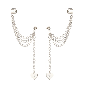 304 Stainless Steel Safety Chains Dangle Stud Earrings with Ear Cuff, Heart Tassel Long Drop Earrings for Women