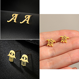 Stainless Steel Stud Earring, Real 18K Gold Plated, Tortoise/Hamsa Hand,/Letter A