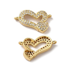 Eco-Friendly Rack Plating Brass Micro Pave Clear Cubic Zirconia Connector Charms, Long-Lasting Plated, Lead Free & Cadmium Free, Double Heart