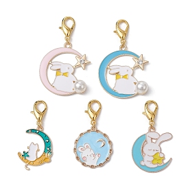 Alloy Enamel Pendant Decorations, with Zinc Alloy Lobster Claw Clasps, Moon/Flat Round with Rabbit