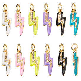 12Pcs 6 Style Brass Micro Pave Clear Cubic Zirconia Pendants, with Enamel , Lightning Bolt, Golden
