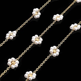ABS Plastic Pearl Beaded Flower Link Chains, with Golden 304 Stainless Steel Cable Chains, Soldered, with Spool