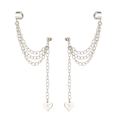 304 Stainless Steel Safety Chains Dangle Stud Earrings with Ear Cuff, Heart Tassel Long Drop Earrings for Women