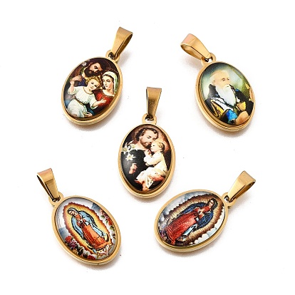 Религиозная тема 304 подвески из нержавеющей стали с эпоксидной смолой, овальные, ионное покрытие (ip), реальный 18 k позолоченный