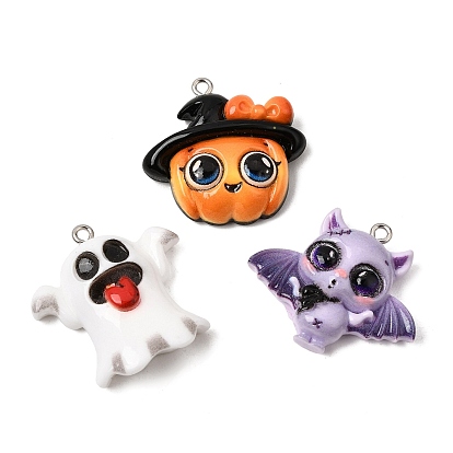 Halloween Printed Opaque Resin Pendants, with Platinum Iron Loops