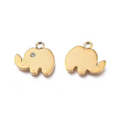 Ion Plating(IP) 304 Stainless Steel Charms, Manual Polishing, with Crystal Rhinestone, Elephant