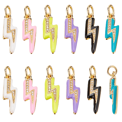 12Pcs 6 Style Brass Micro Pave Clear Cubic Zirconia Pendants, with Enamel , Lightning Bolt, Golden