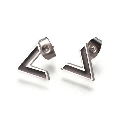 304 Stainless Steel Stud Earrings, with Black Enamel and Ear Nuts/Earring Back, Initial Letter V