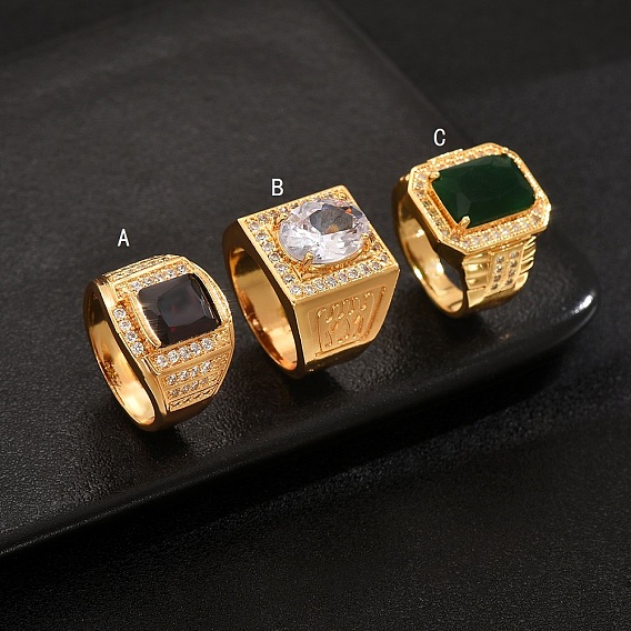 201 Stainless Steel Micro Pave Cubic Zirconia Finger Rings for Men, Square, Golden
