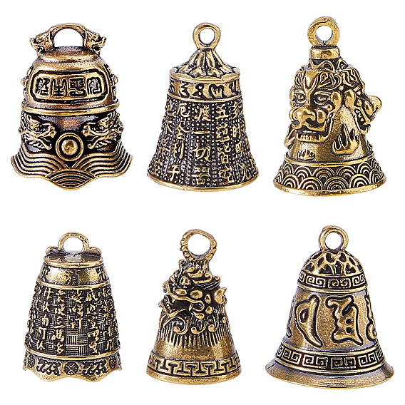 6шт. 6 стили тибетский стиль латунные колокольчики-подвески, античная бронза