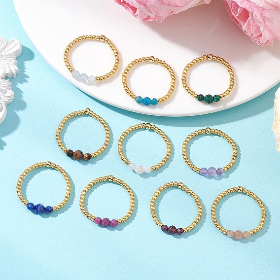Регулируемые кольца перста природных драгоценных камней, со стеклянными бусинами, стрейч-кольца