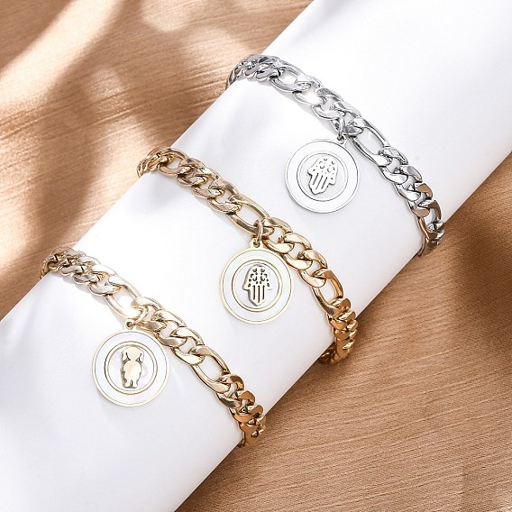 304 из нержавеющей стали плоские круглые шарм браслеты, браслеты из цепочек панцирного плетения для женщин, с оболочкой