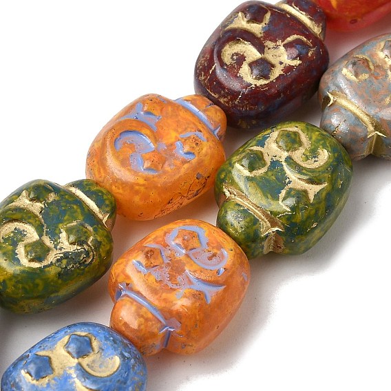 Painted Glass Beads Strands, Golden Metal Enlaced, Nuggets