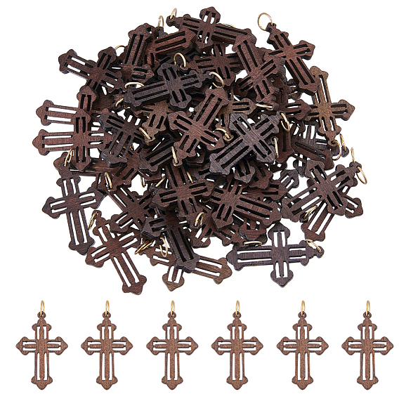 50 Подвески из креста из дерева, с открытыми пружинными кольцами из нержавеющей стали 304