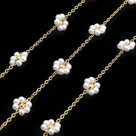 ABS Plastic Pearl Beaded Flower Link Chains, with Golden 304 Stainless Steel Cable Chains, Soldered, with Spool