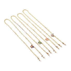 Chaînes de lunettes, tour de cou pour lunettes, avec pendentifs en acétate de cellulose (résine), chaînes de trombone en laiton, 304 fermoirs à pince de homard en acier inoxydable et extrémités en caoutchouc, or