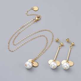 Jewelry Sets, Brass Chain Necklaces & 304 Stainless Steel Stud Earrings, with Glass Pearl Beads, Brass Charms and 304 Stainless Steel Findings