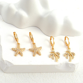 18k Gold Plated Starry Coconut Tree Zircon Inlaid Copper Earrings - Delicate, Elegant