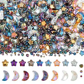 160 шт гальванические стеклянные бусины нити, Луна и звезды, с 600шт. 3 видами круглых стеклянных бисеринок