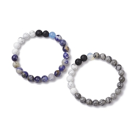 2 Pcs Round Natural & Synthetic Gemstone Stretch Bracelets Sets for Women