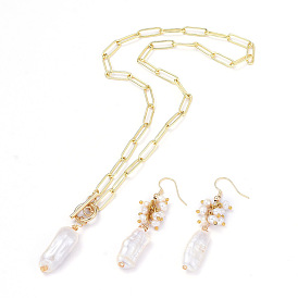 Paperclip Chains Necklace & Dangle Earring Jewelry Sets, with Keshi Pearl, Copper Wire, 304 Stainless Steel Toggle Clasps and Brass Earring Hooks