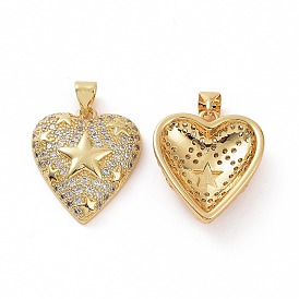 Brass Micro Pave Clear Cubic Zirconia Pendants, Heart with Star