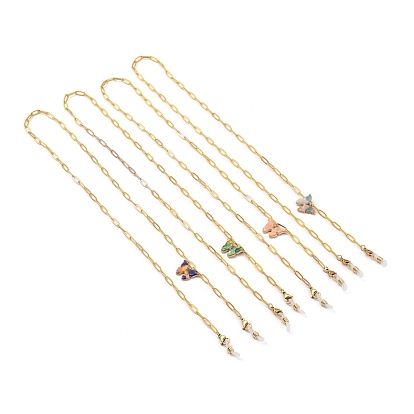 Chaînes de lunettes, tour de cou pour lunettes, avec pendentifs en acétate de cellulose (résine), chaînes de trombone en laiton, 304 fermoirs à pince de homard en acier inoxydable et extrémités en caoutchouc, or