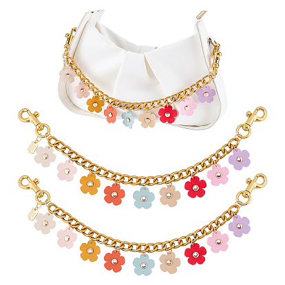 2Pcs Flower PU Leather Charm Aluminium Curb Chains Bag Decorativer Chains, with Alloy Swivel Clasps