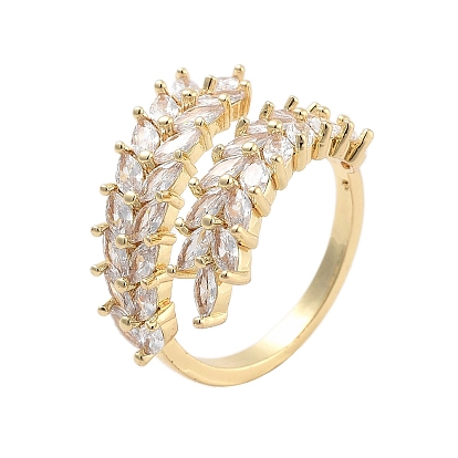 Clear Cubic Zirconia Open Cuff Rings, Leaf Brass Finger Rings for Women