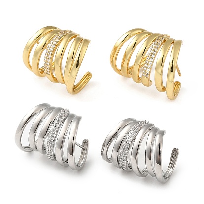 Cubic Zirconia Multi Lines Stud Earrings, Rack Plating Brass Half Hoop Earrings for Women, Lead Free & Cadmium Free