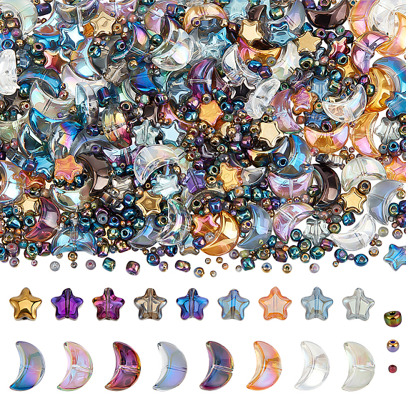 160 шт гальванические стеклянные бусины нити, Луна и звезды, с 600шт. 3 видами круглых стеклянных бисеринок