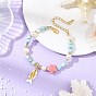 Summer Alloy Fishbone and Natural Shell Fish Charm Bracelets, Natural Larimar & Pearl & Handmade Porcelain Beaded Bracelets for Women