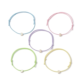 5Stück 5Farben hellgoldenes Messing-Mond-Armbandset mit geflochtenen Perlen, Verstellbare Armbänder aus gewachster Polyesterschnur