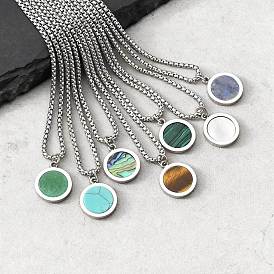 Gemstone 304 Stainless Steel Coin Pendant Necklaces for Men, Stainless Steel Color