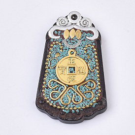 Handmade Indonesia Big Pendants, with Alloy Findings, Sandalwood and Resin, Antique Silver and Antique Golden, Trapezoid with Coin, Chinese Character