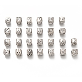 304 Stainless Steel European Beads, Large Hole Beads, Cube with Alphabet