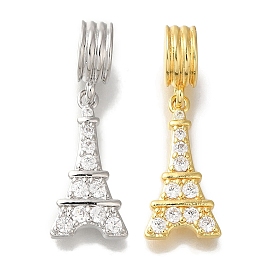 Rack Plating Brass Pave Clear Cubic Zirconia European Dangle Charms, Eiffel Tower Large Hole Pendants, Lead Free & Cadmium Free, Long-Lasting Plated