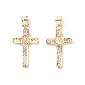 Brass Micro Pave Clear Cubic Zirconia Pendants, Long-Lasting Plated, for Religion, with Snap on Bails, Cross with Virgin Mary