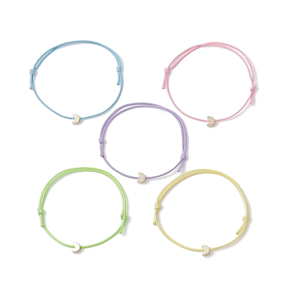 5Stück 5Farben hellgoldenes Messing-Mond-Armbandset mit geflochtenen Perlen, Verstellbare Armbänder aus gewachster Polyesterschnur