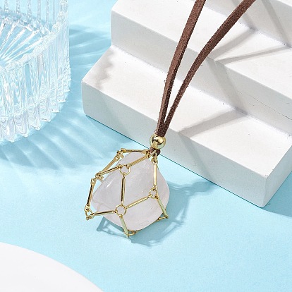 3Pcs 3 Style Crystal Holder Cage Necklace, Brass Bar Connected Pouch Empty Stone Holder for Pendant Necklace Making, Faux Suede Cord Necklace