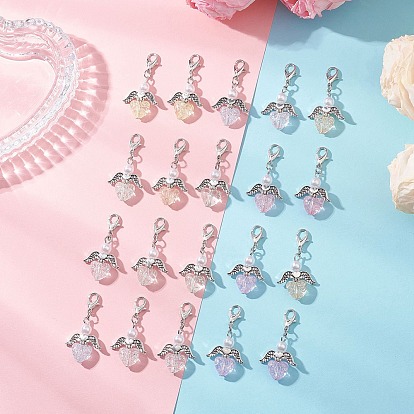 Colgante de corazón de ángel, de acrílico transparente y plástico ABS, con perla de imitación y cierre de mosquetón de aleación de zinc.